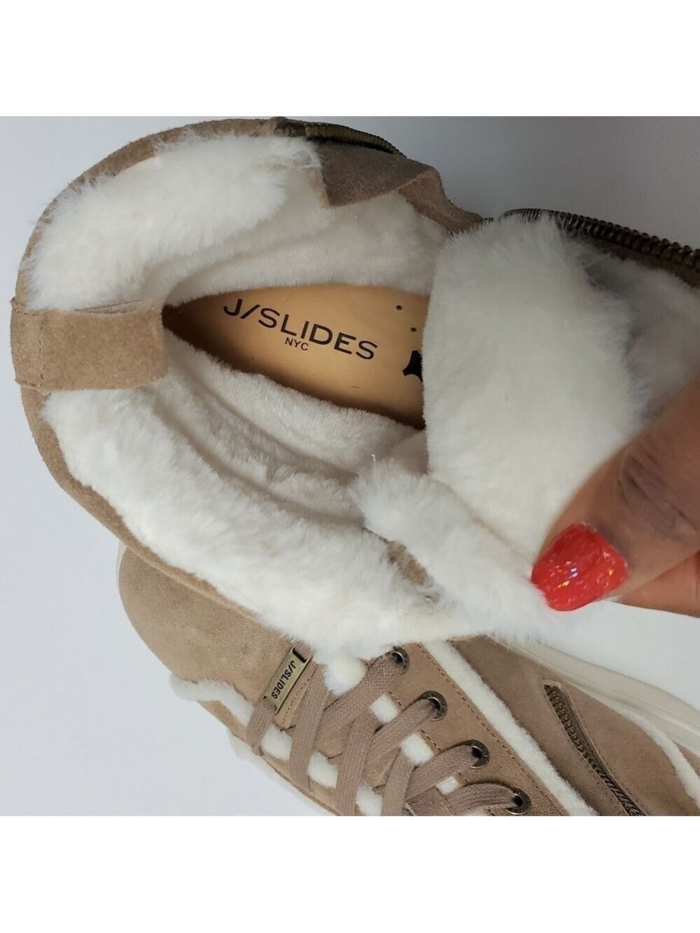 J Slides NYC Nadal Faux Fur High Top Platform Boot Sneakers Taupe Suede Size 9.5 - Picture 9 of 15